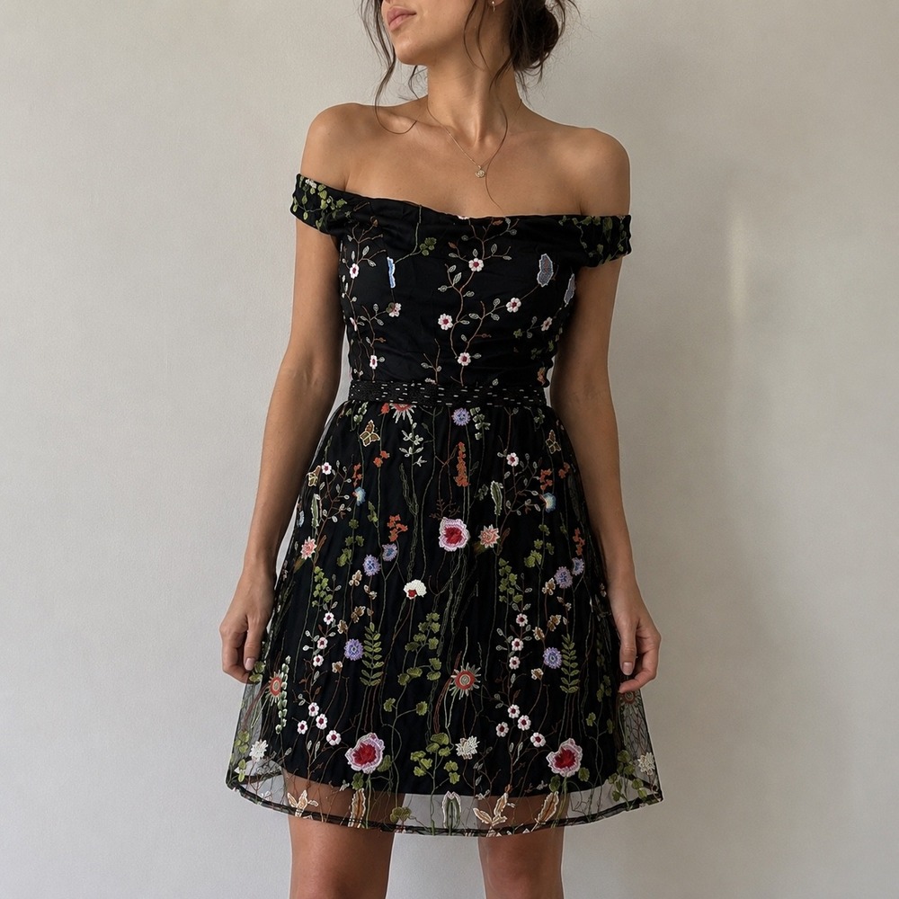 Emma Street Black Floral Embroidered Off Shoulder Dress 6 Fairycore Whimsigoth